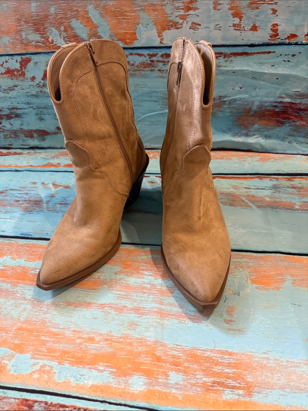 Universal Thread Tan Suede Pointed-Toe Western Booties